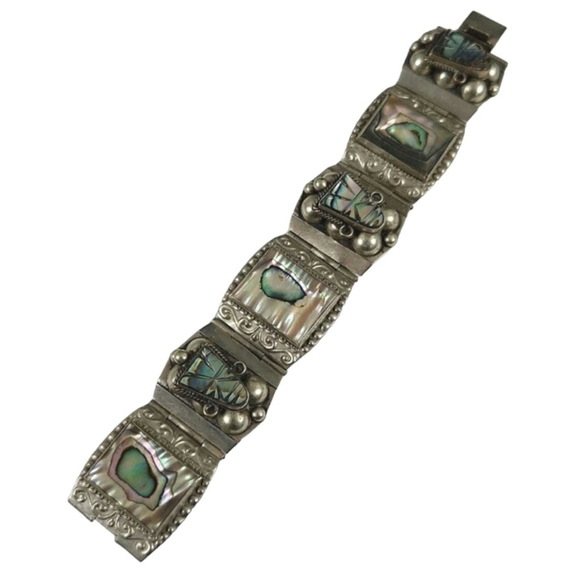 Taxco Jewelry - Vintage Taxco Mexico Sterling Panel Bracelet Abalone Mother of Pearl MOP